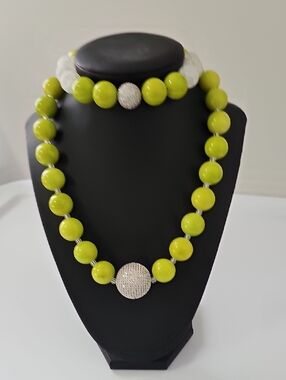 Artisan Made Elegant Lime Green Beaded Necklace/Bracelet Set with Silver Accent